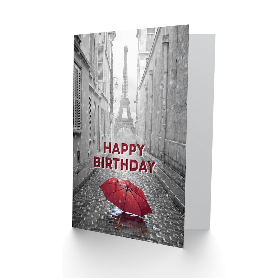 image 1 of Happy Birthday Paris Eiffel Tower and Red Umbrella Birthday Card