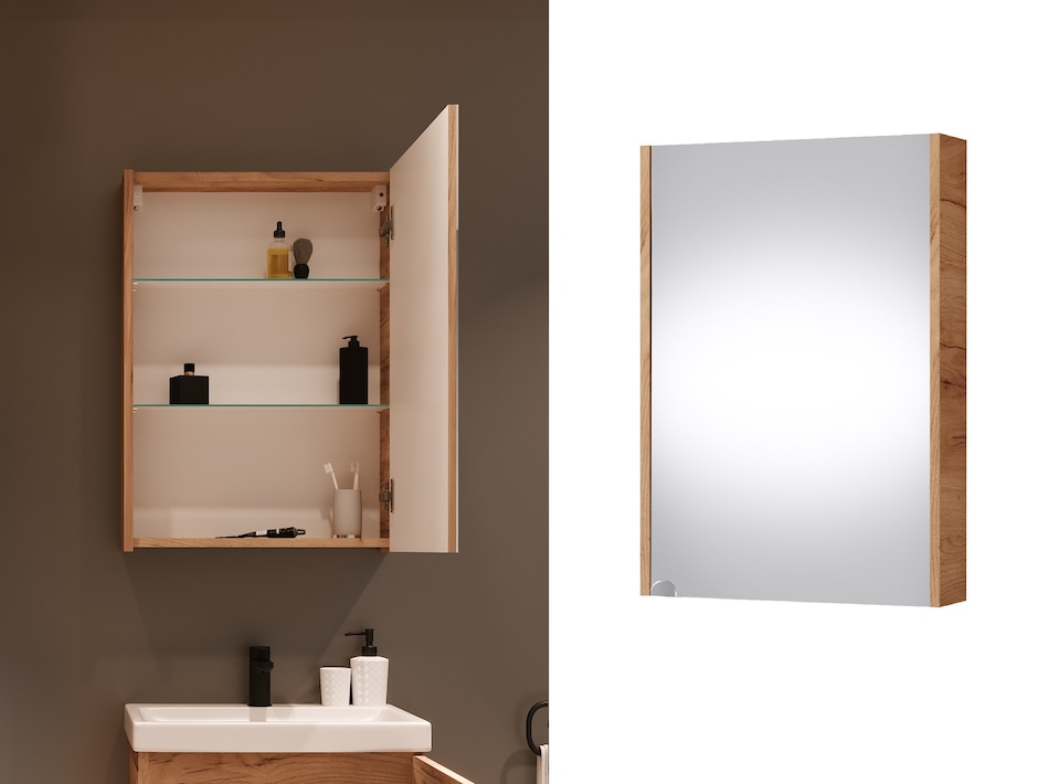 image 1 of Mirror Bathroom Cabinet Mirrored Wall Unit 500mm Slimline Narrow Storage Craft Oak Finish Glass Shelves Avir
