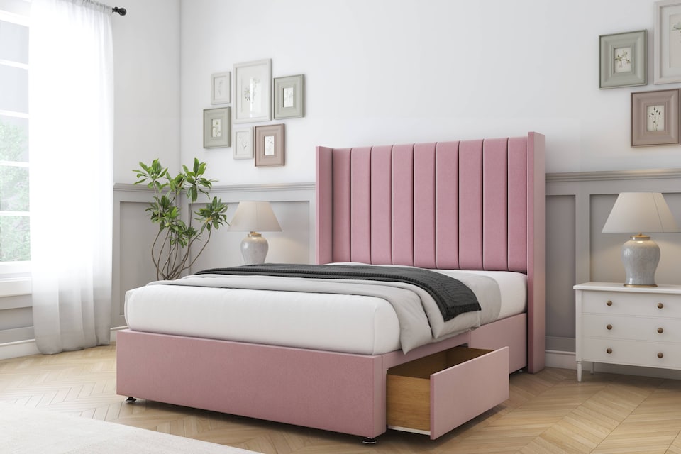 image 1 of Sloomy Falcon Pink Plush Divan Bed With Mattress 2 Drawers Footend With 54" Wingback Headboard 5' King | Pink | Pink | King | 1