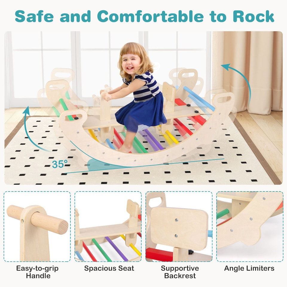 image 1 of COSTWAY Multifunctional Rocking Horse Arch 4-in-1 Wooden Climbing Toys