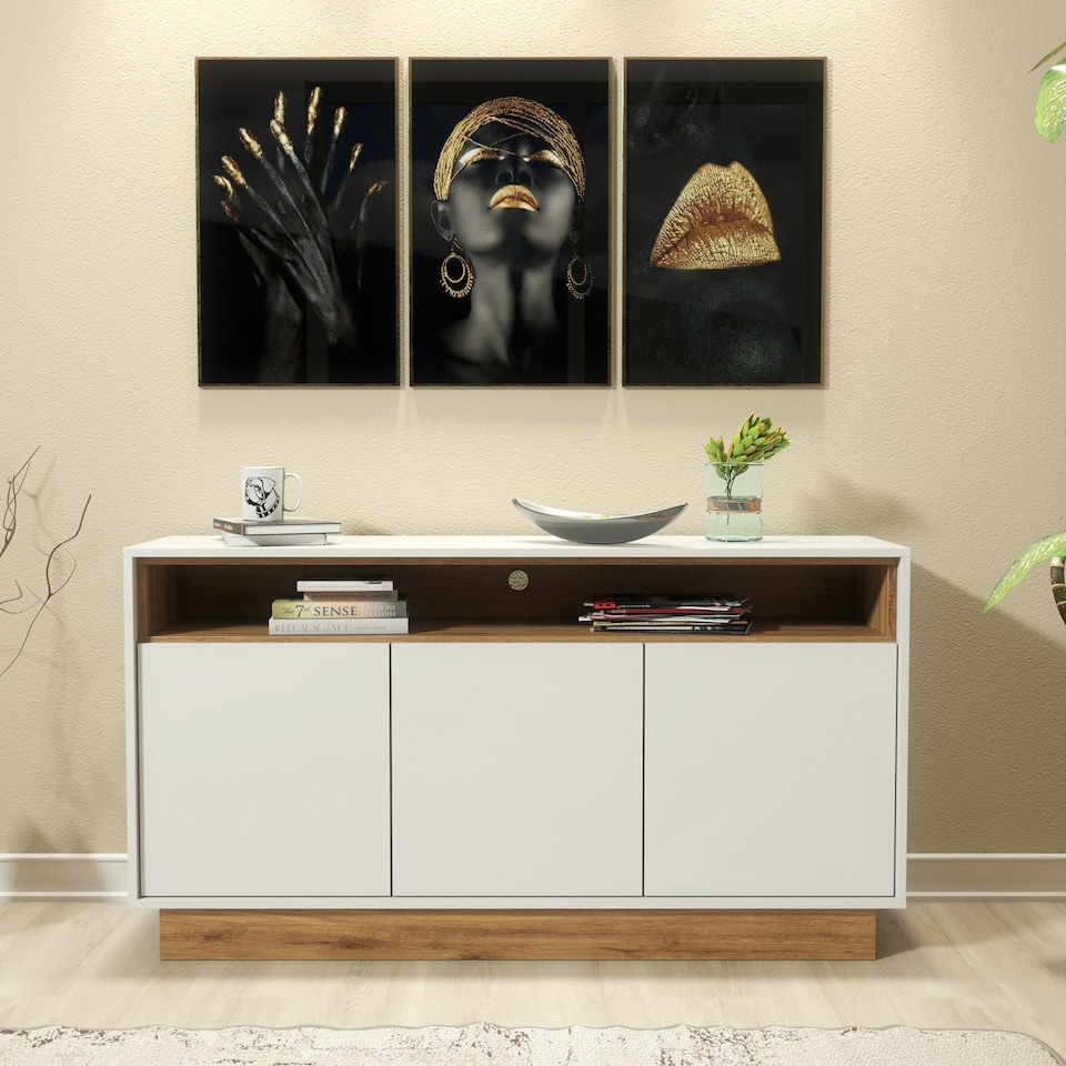 image 1 of White and Oak Sideboard 155cm – Modern Cabinet with Open Shelf | White
