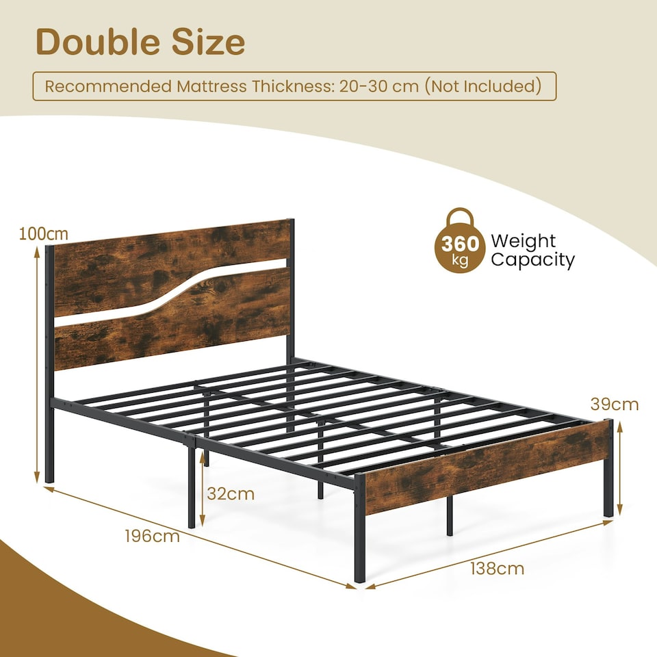 image 1 of COSTWAY Double Metal Bed Frame w/ Wooden Headboard