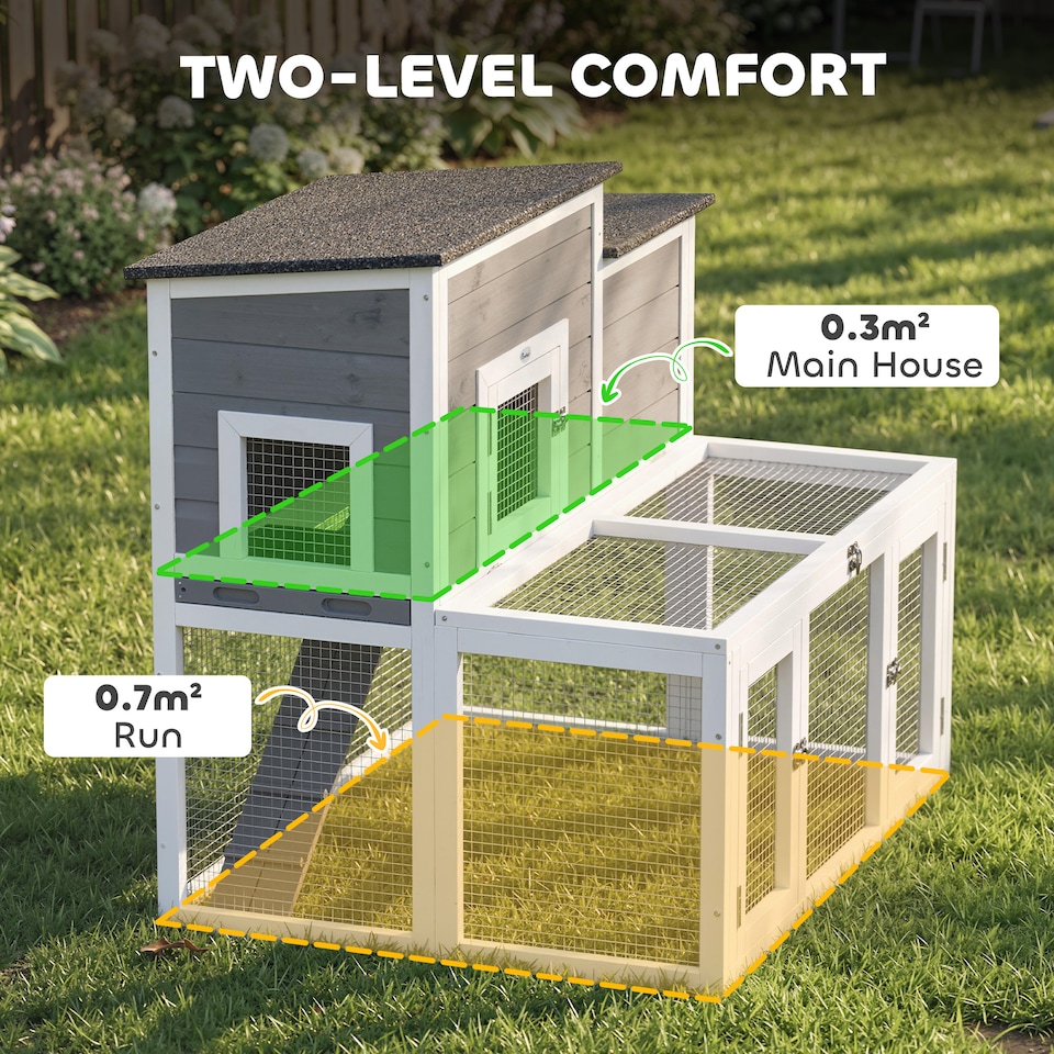 image 1 of PawHut Wooden Rabbit Hutch, Outdoor Bunny Cage with Waterproof Roof | Grey | Grey, Black, White | 97 x 75.5 x 90 cm