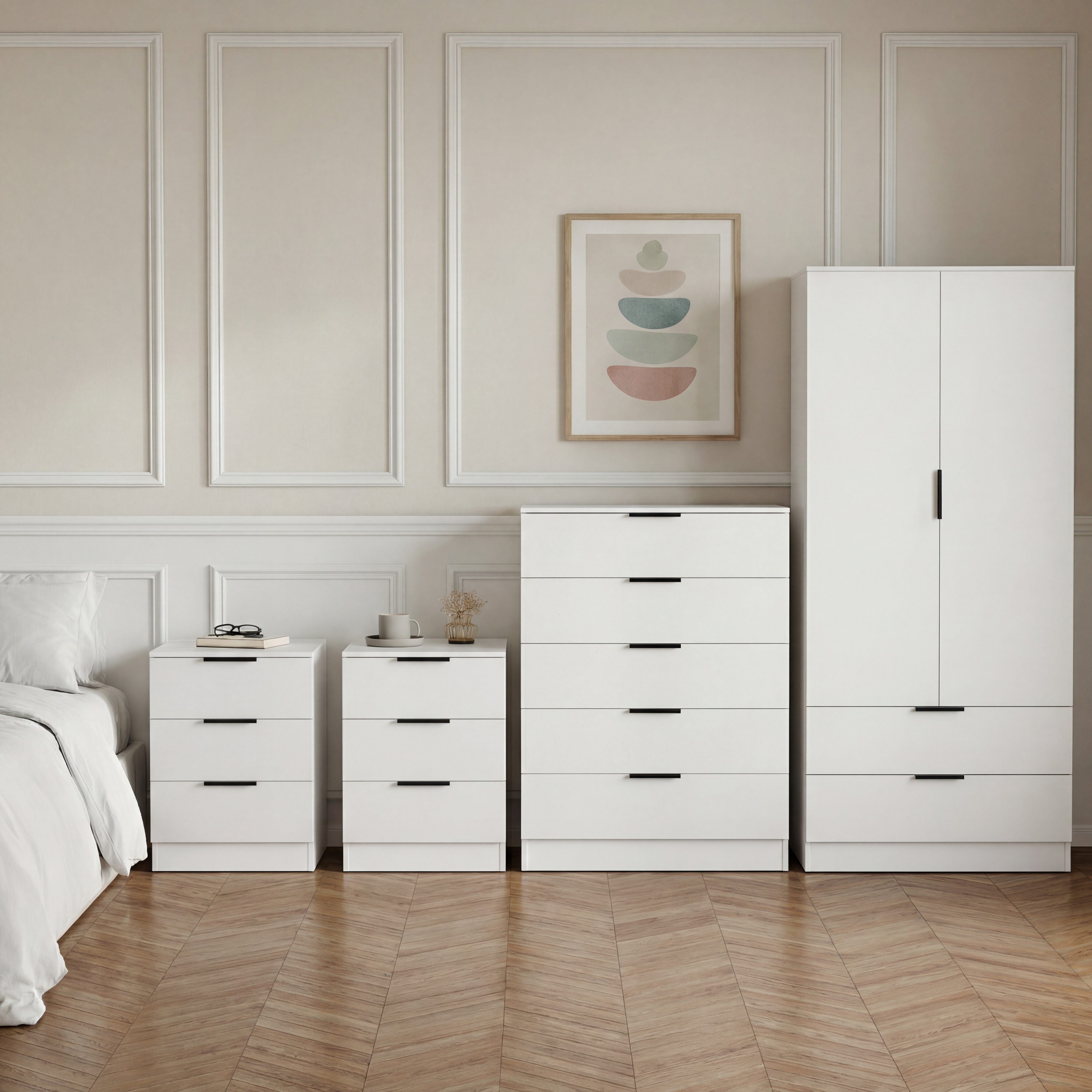 Vida Designs Trega 4 Piece Bedroom Set (3 Drawer Bedside Chest x2, 5 Drawer Chest, 2 Door 2 Drawer Wardrobe) White
