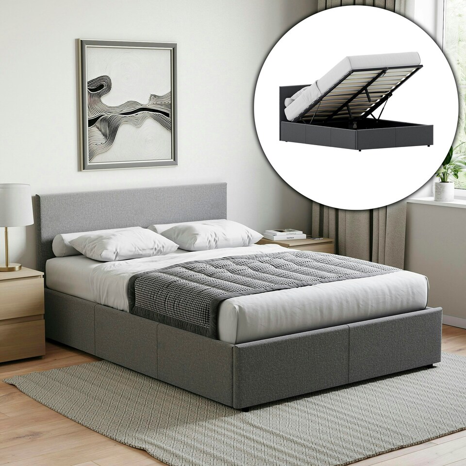 image 1 of Vida Designs Veronica 4ft6 Double Ottoman Bed Storage Fabric Upholstered, Dark Grey Linen, 135 x 190cm
