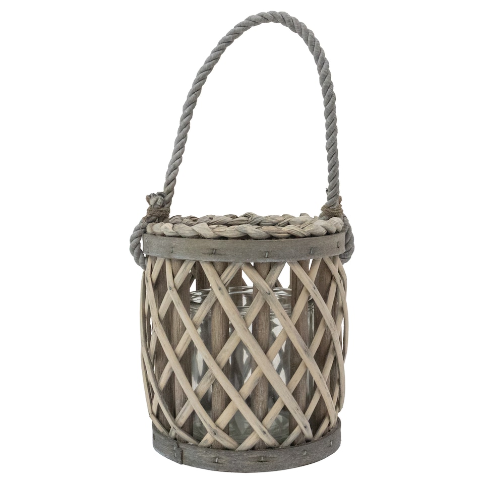 image 1 of JVL Luna Natural Willow Wood Lantern With Braided Rope Handle, Grey Wash