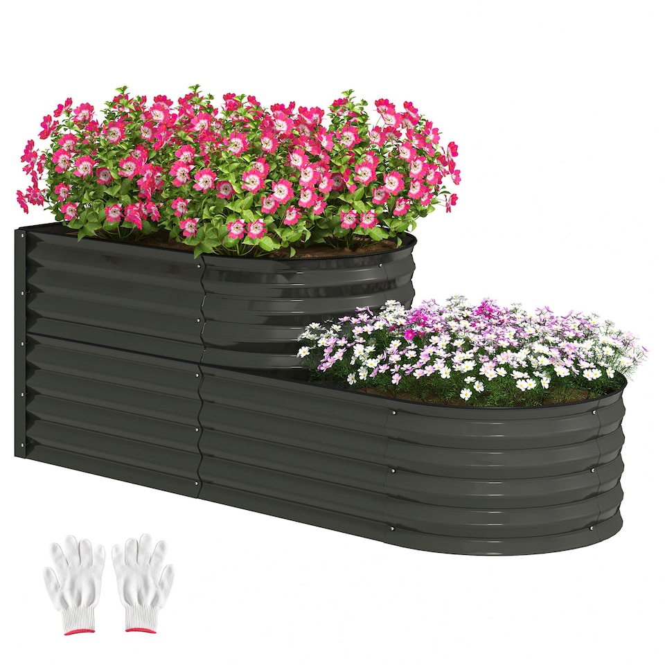 image 1 of Outsunny 2-Tier Galvanised Raised Garden Bed with Safety Edging Grey