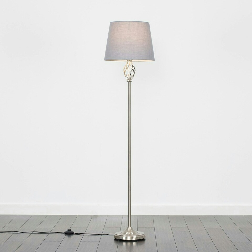 image 1 of ValueLights Traditional Style Satin Nickel Barley Twist Floor Lamp With Grey Light Shade
