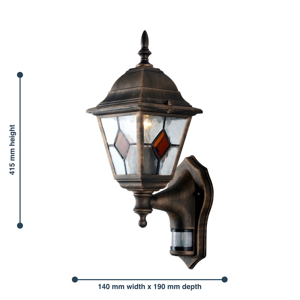 image 1 of Set of 2 Morecambe - Black Brushed Gold PIR Sensor Outdoor Wall Lights | Black | Black & hand brushed gold and clear glass with amber glass detail | Small | 2