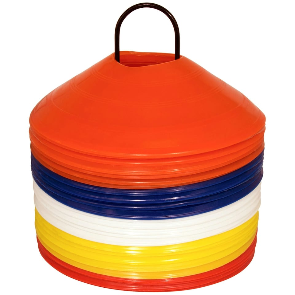 image 1 of Charles Bentley 50 Multi Coloured Space Disc Training Markers Cones With Stand
