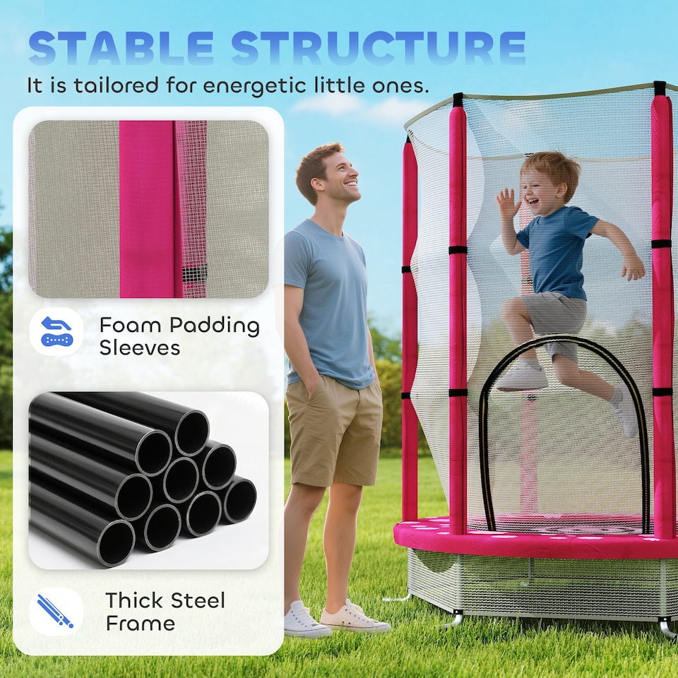image 1 of AIYAPLAY 4.6FT Kids Trampoline with Safety Enclosure Net, Sun Pattern, Pink