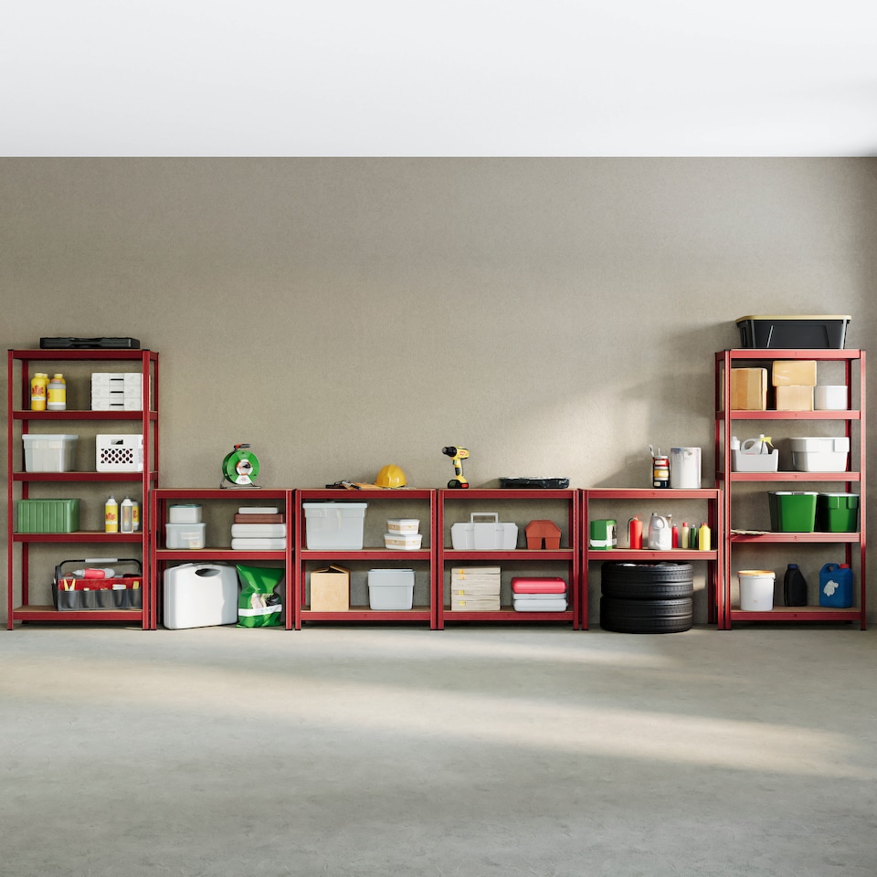 image 1 of Home Vida 5 Tier Large Heavy Duty Garage Shelves Adjustable Steel Shelving Storage Units - Red - Holds Upto 875kg Per Bay - 4 Bays