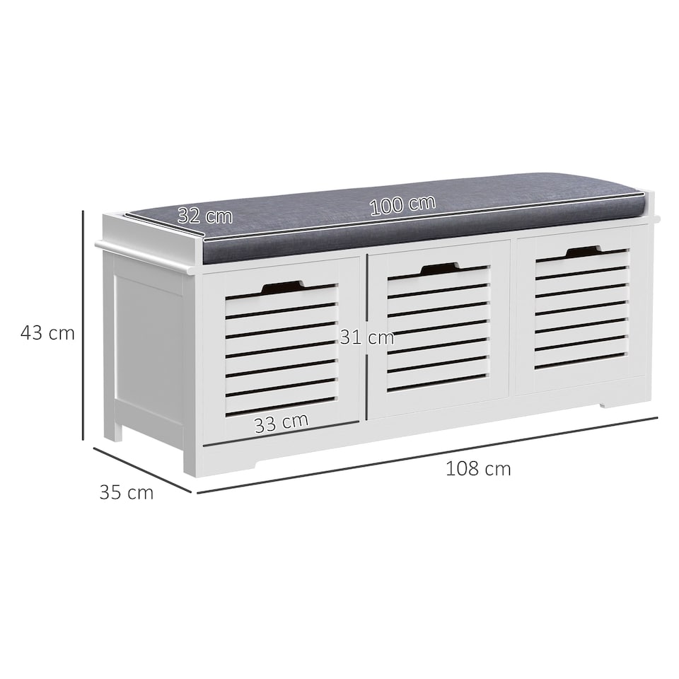 image 1 of HOMCOM 3-Door Shoe Storage Bench Cushion Seat Slatted Doors, White