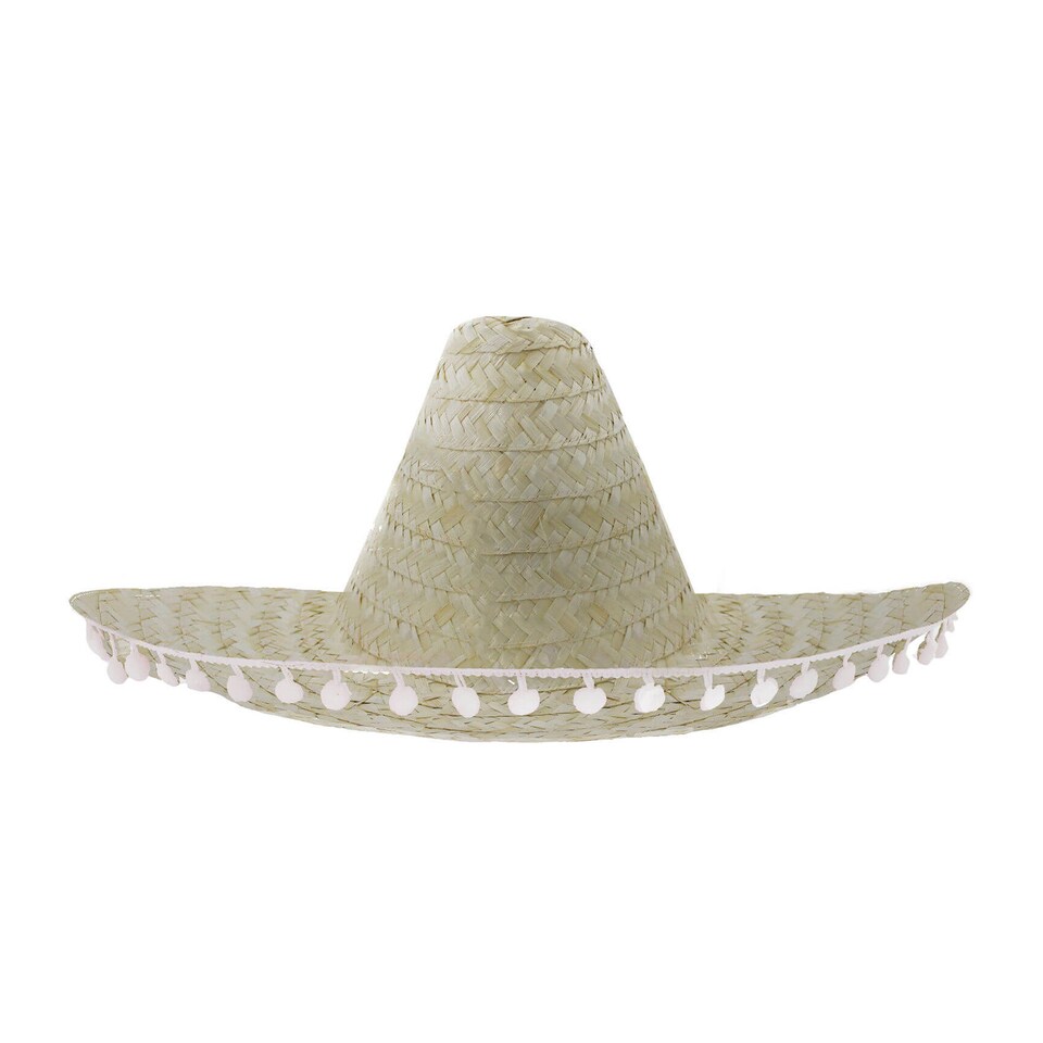 image 1 of Natural Mexican Sombrero with Pom Pom Edging | Cream | 6