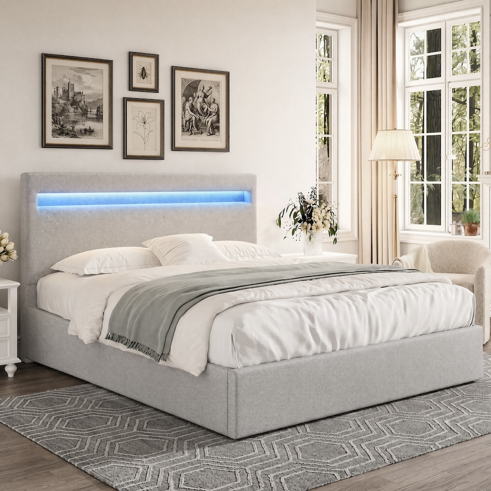 image 1 of 4ft6 Double Modern Gas Lift Ottoman Bed Frame with LED In Light Grey