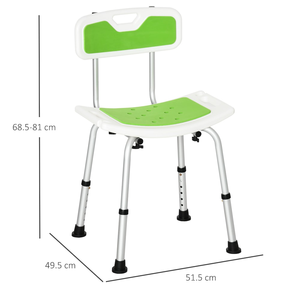 image 1 of HOMCOM Shower Chair for the Elderly and Disabled, 6-Level Height Adjustable Shower Stool with Backrest, Curved Seat, Anti-slip Foot Pads and Shower Head Holder, Green