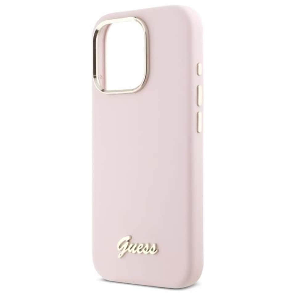 image 1 of Guess Silicone Script Metal Logo & Frame Case for iPhone 16 Pro Max 6.9 Pink - GUHCP16XSMBSLP