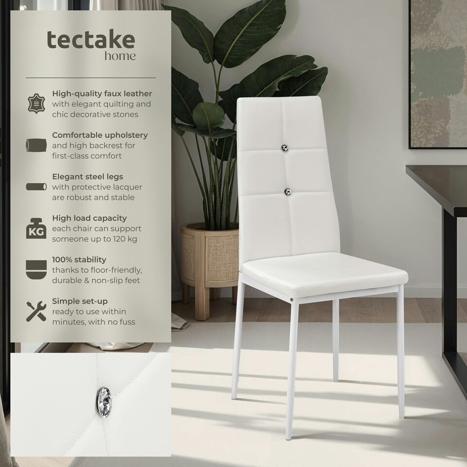 image 1 of Dining Chair Set - high backrest, slim steel legs & rhinestone highlights - Set of 8 White