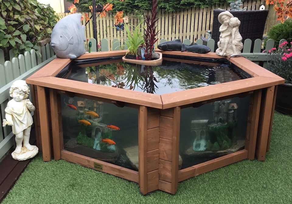 image 1 of Raised hexagon pond with large windows Lily Clear View Garden Aquarium in Natural Brown