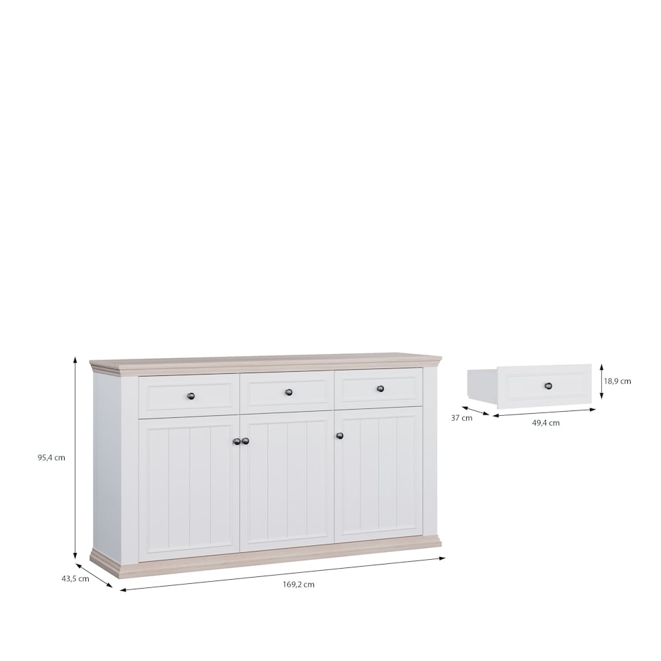 image 1 of Pontypool 3 Drawer & 3 Door Sideboard in White and Riva Oak