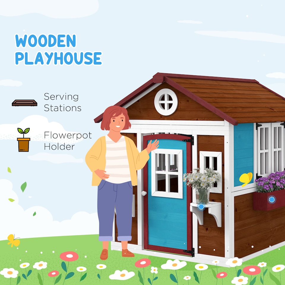 image 1 of Outsunny Wooden Playhouse for Kids Outdoor Wendy House with Doors, Windows, Plant Pots, Boxes, for 3-8 Years - Dark Brown | Brown | Dark brown