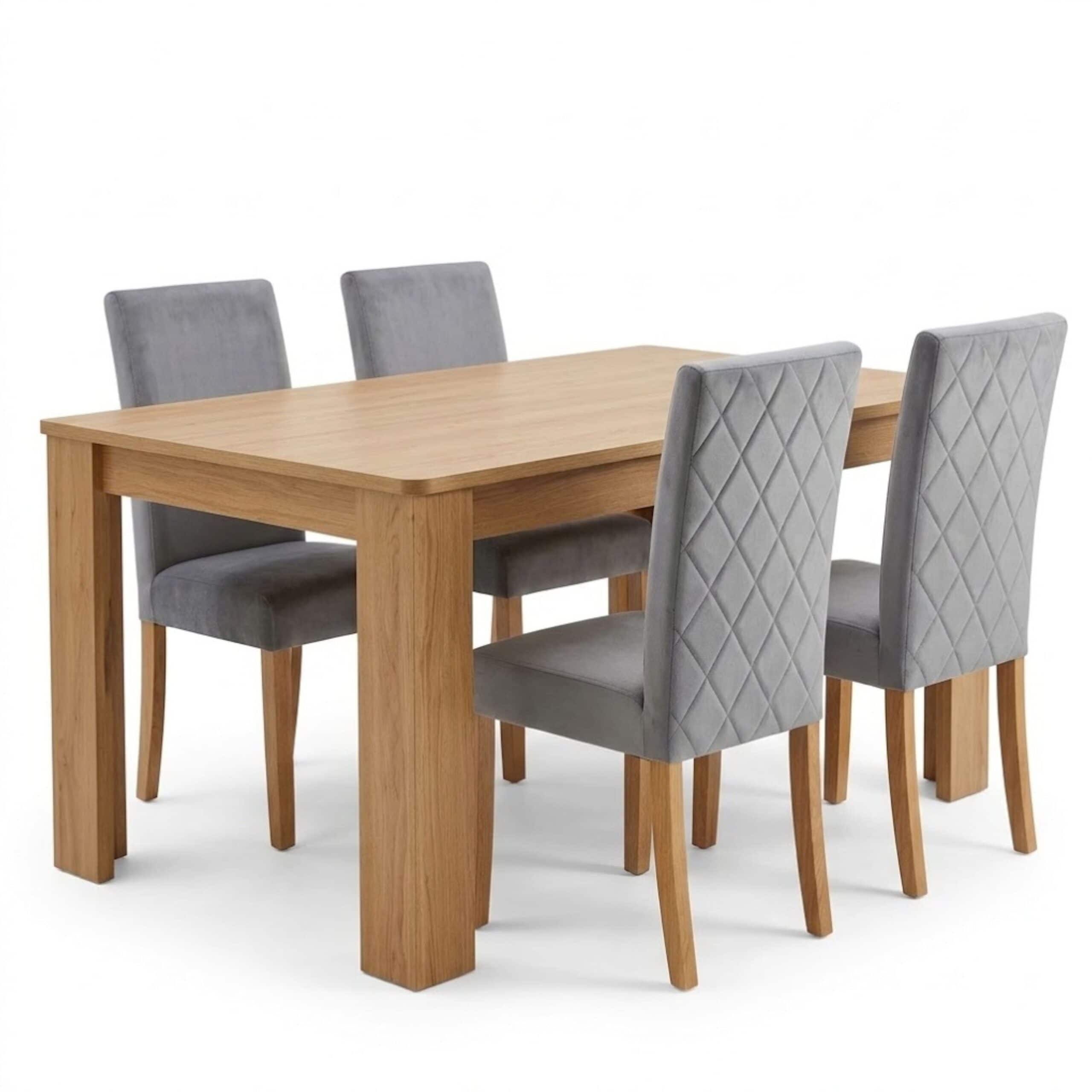 Grey Diamond Stitch Velvet Dining Chairs with Wooden Legs and Oak Effect Table 4 Seater Set