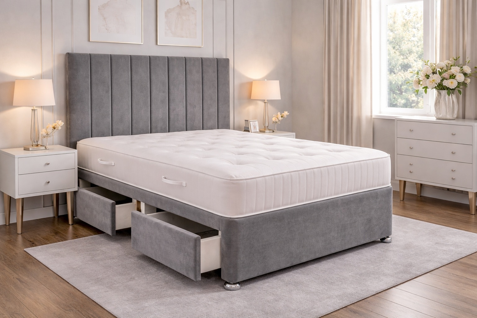 Double 4ft6 Grey plush divan bed with headboard and mattress 4 Drawers