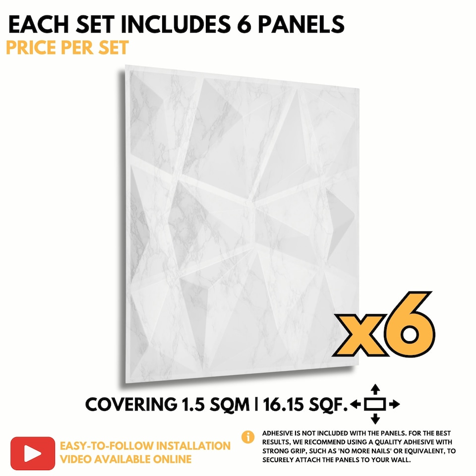 image 1 of NOVECRAFTO Geometric Diamond 3D Wall Panels – 6 Sheets Covering 1.5 sqm (16.15 sqft) – Matte PVC Cladding Panels 50x50cm Diamond Design | Black