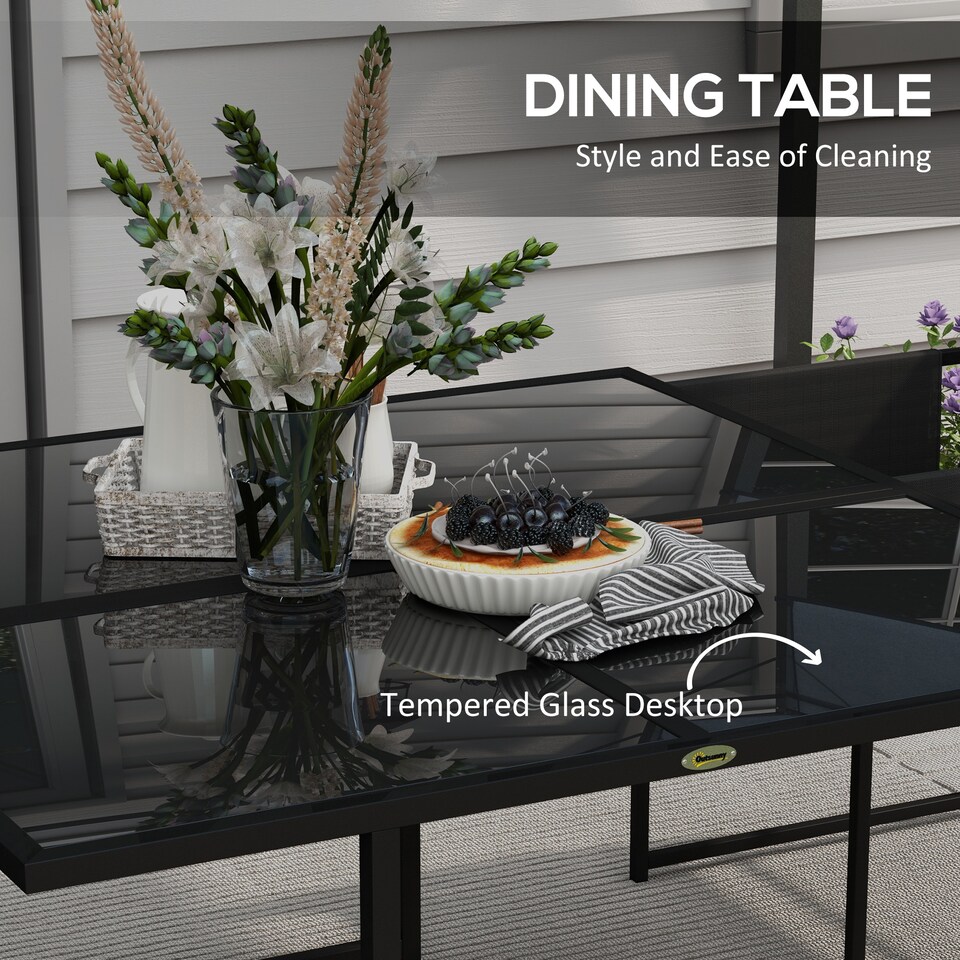 image 1 of Outsunny 5 Piece Garden Dining Set, 4 Seater Outdoor Table and Chairs with Texteline Seat, Space Saving Cube Set with Foldable Backrest, Tempered Glass Table Top, for Patio, Black