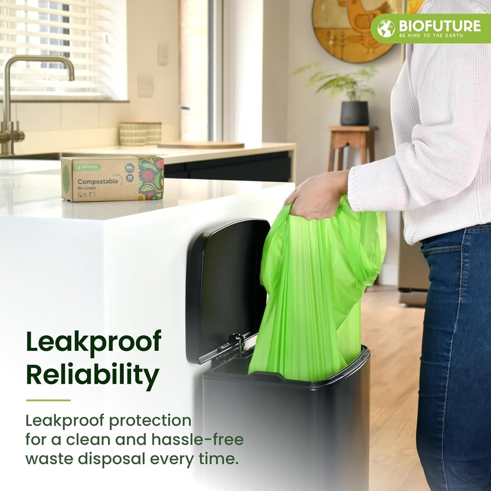 image 1 of Biofuture 50L x 25 Compostable Bin Liners | Home Compostable & Council Approved | Fits 49-51L Large Garden & Compost Waste Bags | EN13432 Certified & TUV Certified