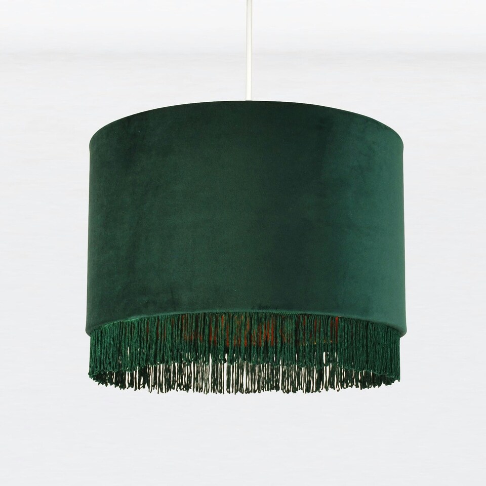 image 1 of First Choice Lighting Set of 2 Spruce Green Velvet With Gold Inner Tassled Light Shades Green | Gold