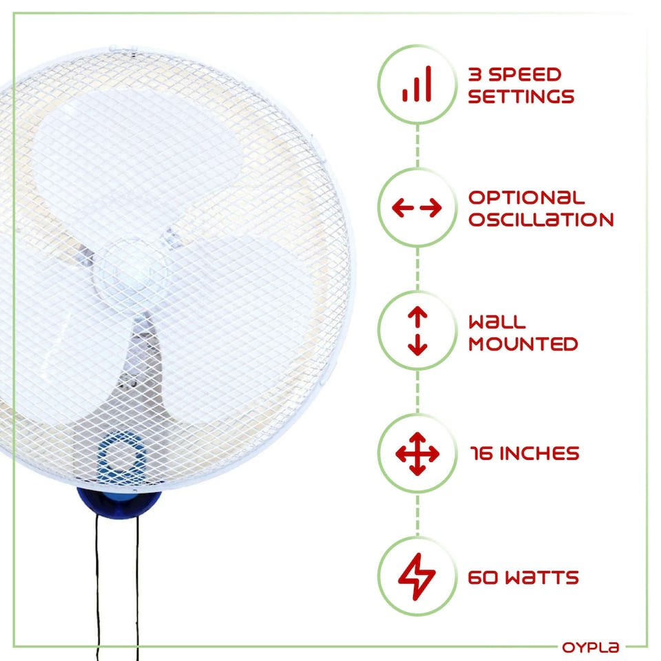 image 1 of Oypla Electrical 16" Wall Mounted Oscillating Fan