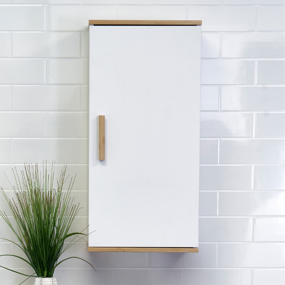 image 1 of Showerdrape Nola Matt White & Bamboo Single Wall Bathroom Cabinet | White | 1