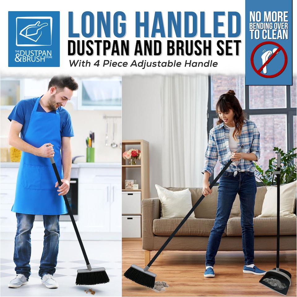 image 1 of Long Handled Dustpan and Brush Set Upright Sweeping Broom with Built-In Bristle Cleaner