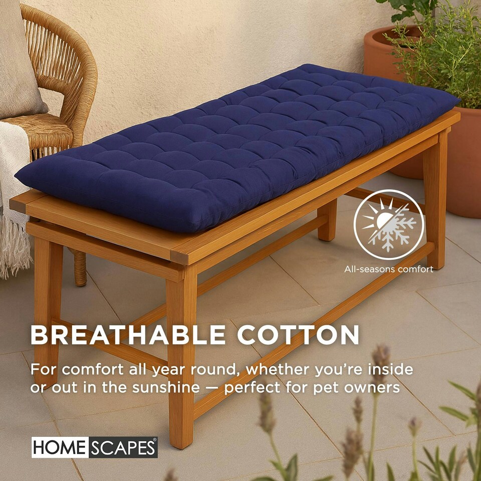 image 1 of Homescapes Garden Bench Cushion Luxury 2 Seater 100% Cotton Indoor Outdoor Seat Pad Navy Blue | 108 x 42 cm