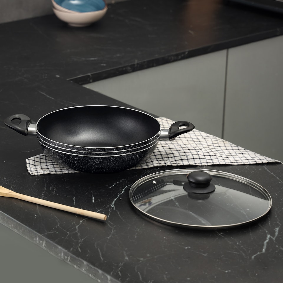 image 1 of Royalford 28cm Aluminium Wok Pan Non-Stick Induction Safe With Glass Lid