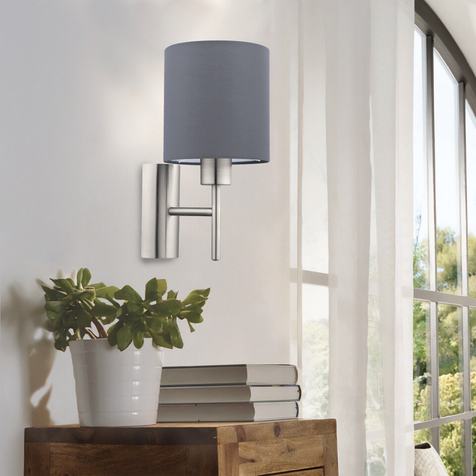 image 1 of EGLO Pasteri Steel Satin Nickel & Grey Fabric Wall Lamp