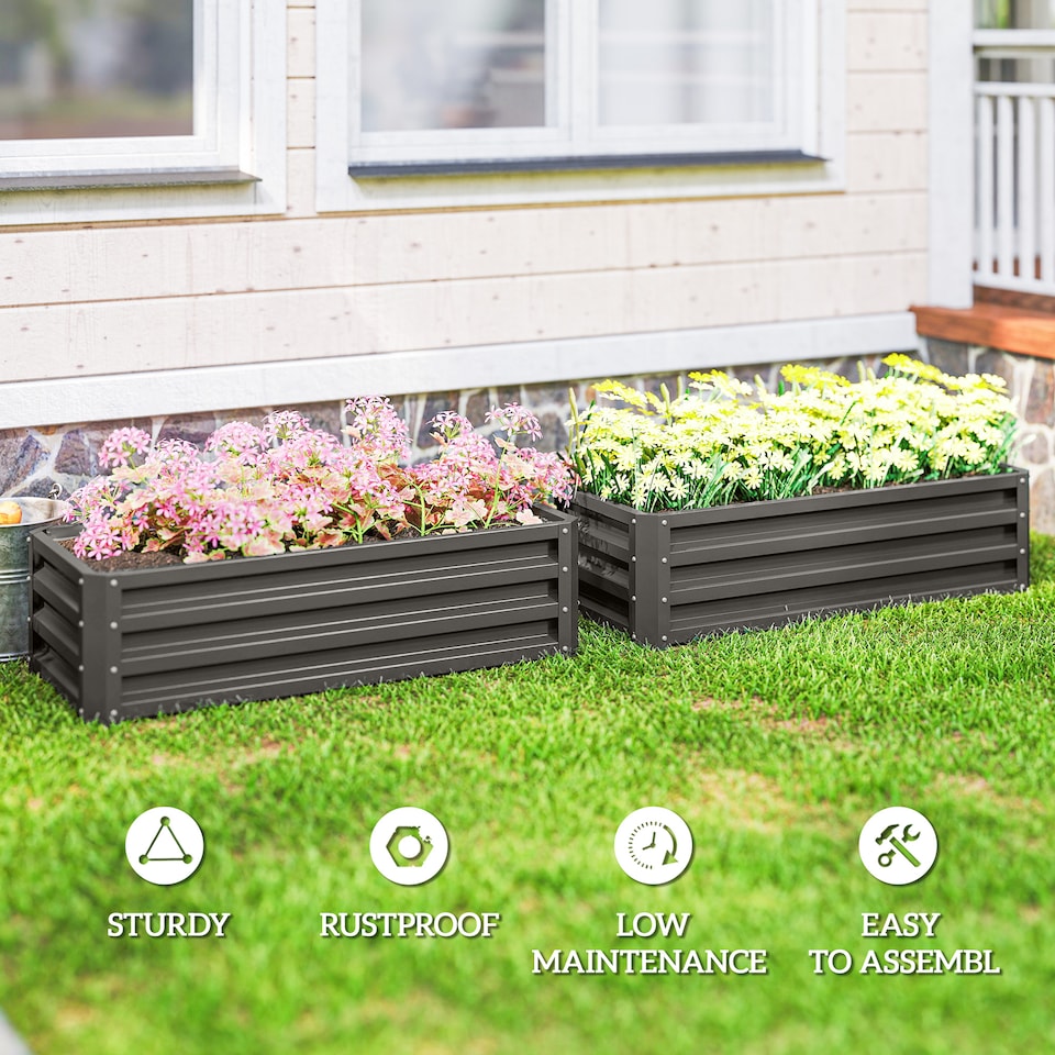 image 1 of Outsunny Set of 2 Raised Garden Bed Galvanised Planter Box, Dark Grey