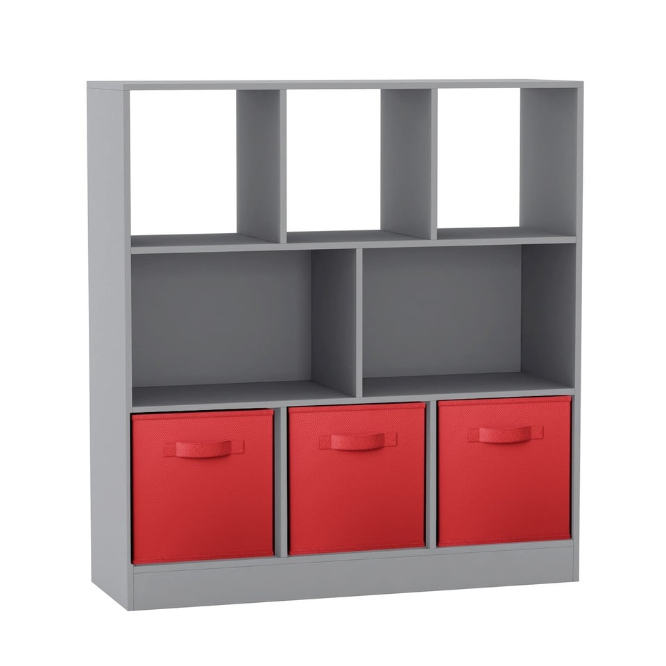 Asymmetrical 8 Grey Cube Bookcase Shelf Storage Unit with 3 Fabric Drawer Inserts Multi Grey & red 1