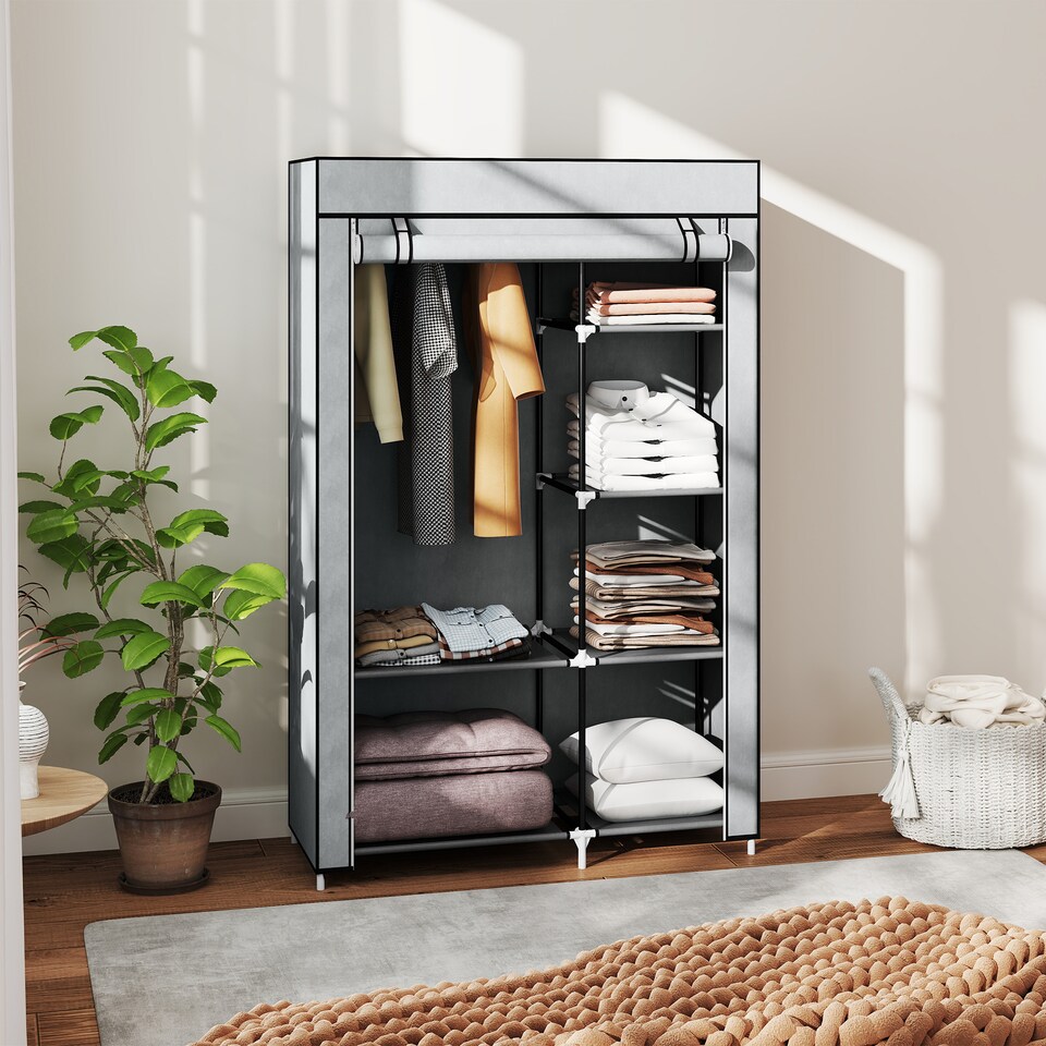 image 1 of HOMCOM Fabric Wardrobe, Portable Wardrobe with 6 Shelves, 1 Hanging Rail, Foldable Closets, 103 x 43 x 162.5 cm, Light Grey