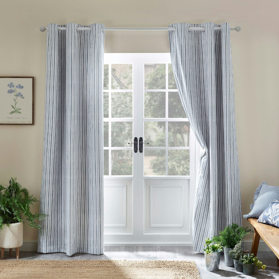 image 1 of Catherine Lansfield Logan Stripe 90x90 Inch Lined Eyelet Curtains Blue | Blue