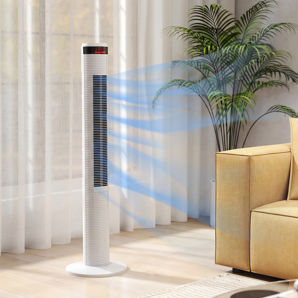 image 1 of HOMCOM Oscillating Tower Fan Remote Control 3 Speed Modes Cooling Machine | White | White | 31.5cm x 117cm