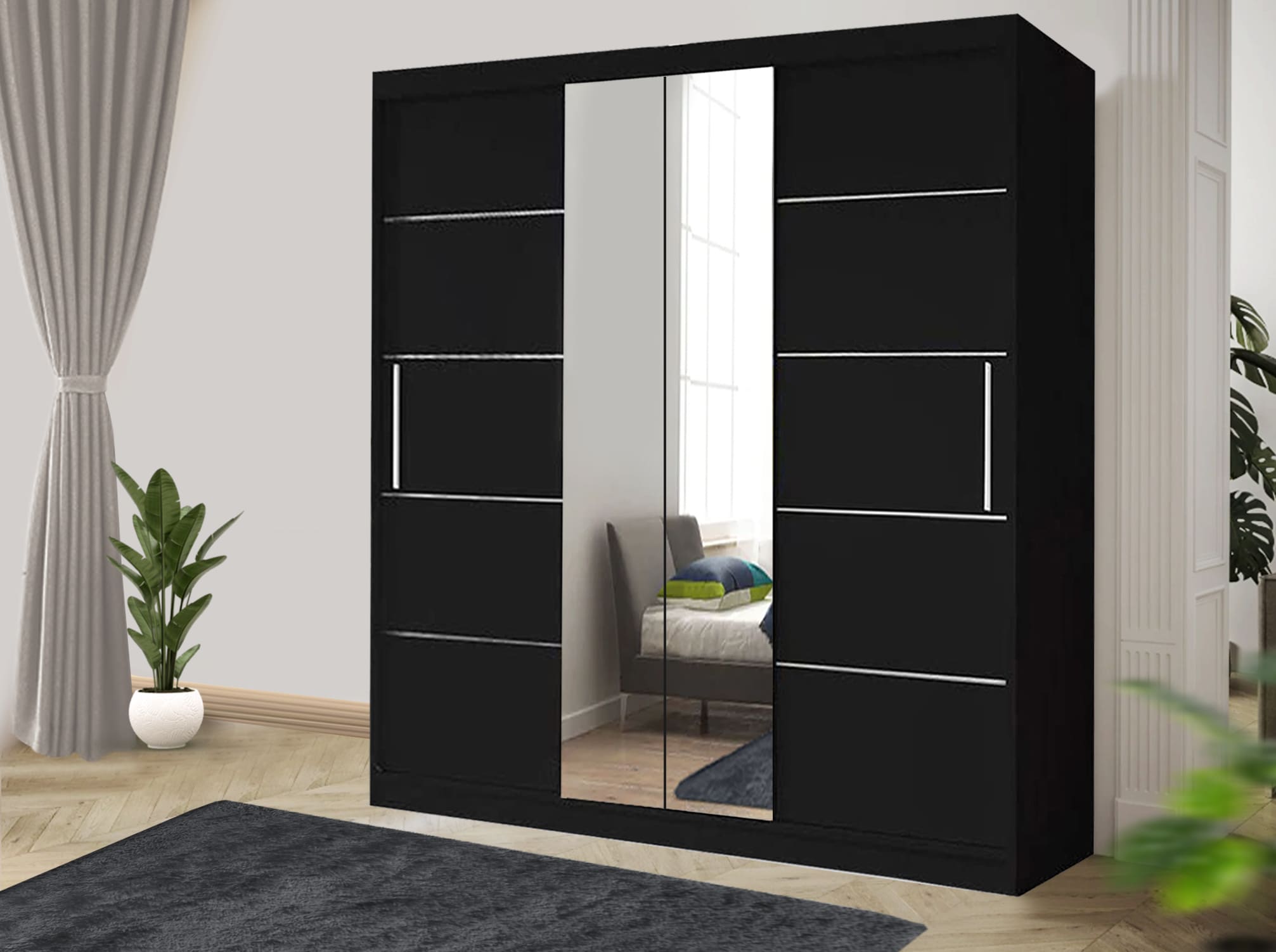 Sliding Wardrobe with Mirror Space Saving Bedroom Wardrobe, Contemporary Bedroom Sliding Wardrobe & Mirror Wardrobe (Black, 203cm)