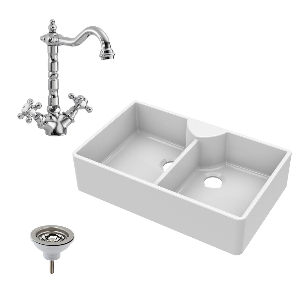 image 1 of Fireclay Double Bowl Butler Kitchen Sink - 895mm Stepped Weir with Classic Tap & Wastes - Elegant Ceramic Design by Balterley