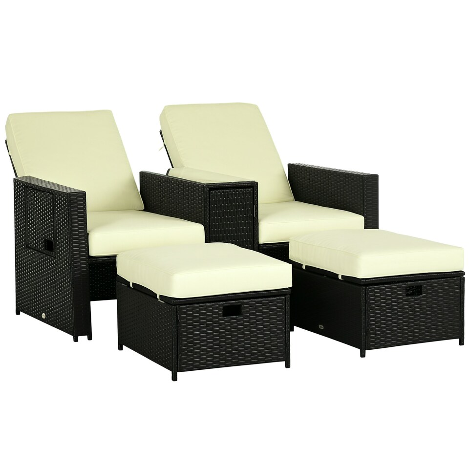 image 1 of Outsunny Recliner Rattan Sun Lounger w/ Storage Tea Table & Footstools, Balck
