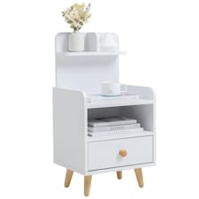 Living and Home Wooden 1-Drawer Bedside Table with a Shelf and Legs - White