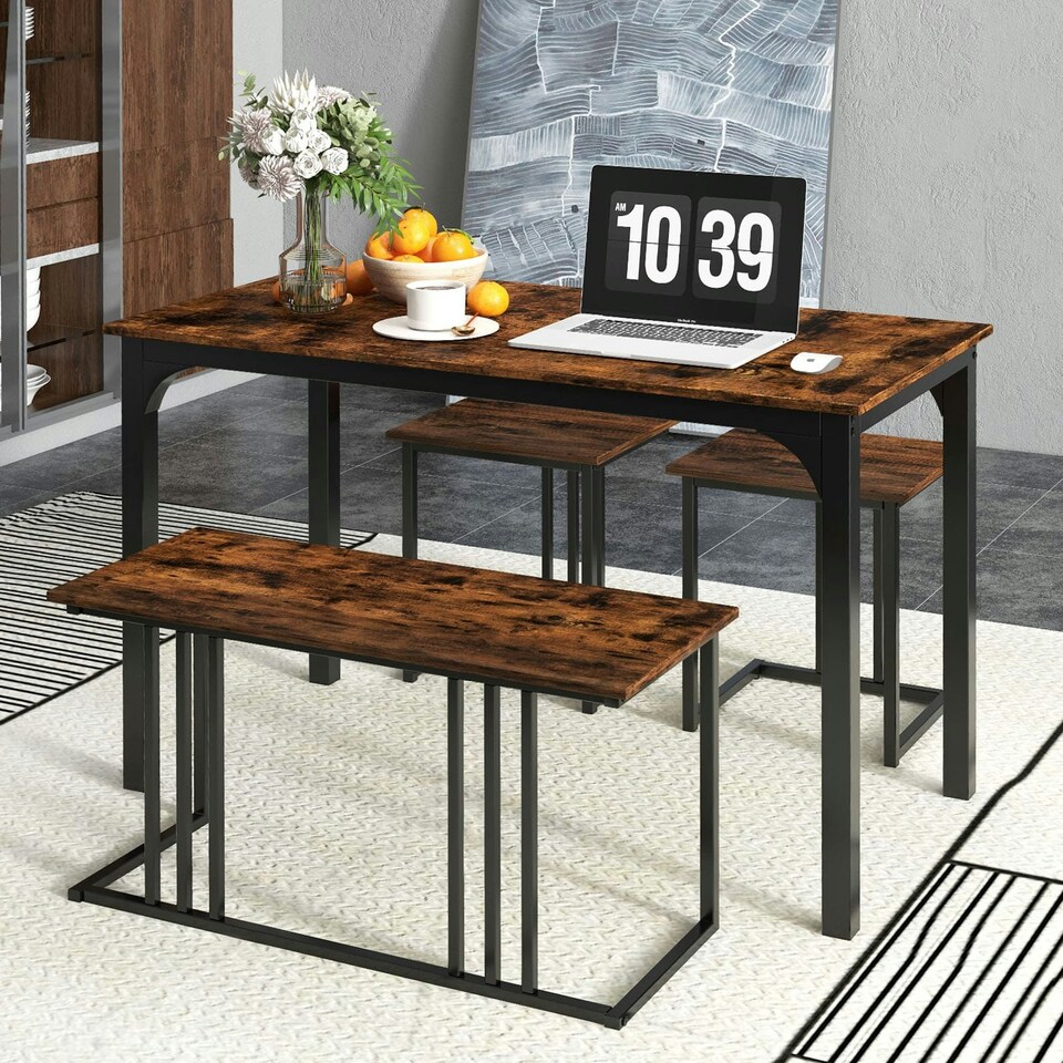 image 1 of COSTWAY 4-Piece Dining Table Set W/ Bench & 2 Stools Brown