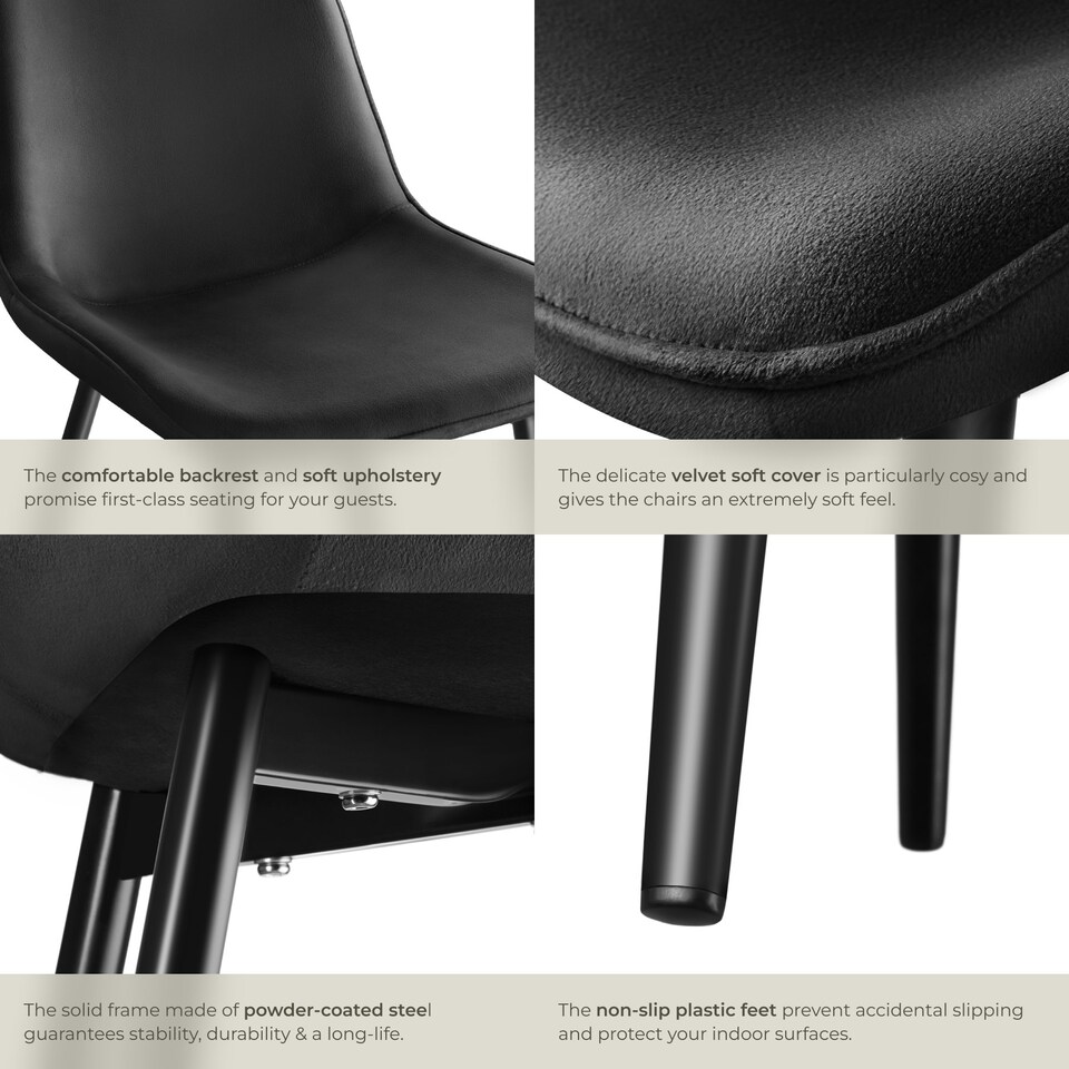 image 1 of Dining Chair Monroe - padded, velvet look, ergonomic seat, black steel legs - Set of 6 Black