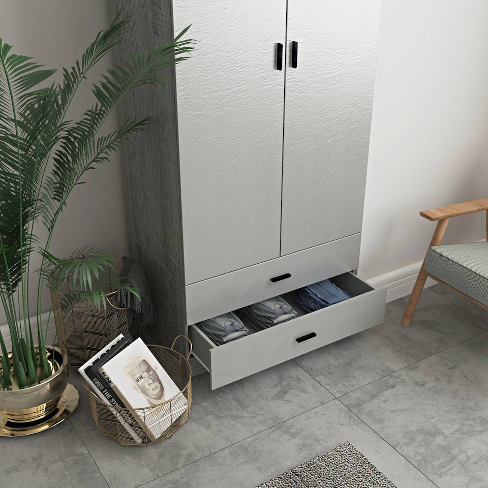 image 1 of 2-Door 2-Drawer Wardrobe with Storage Shelf, and Hanging Space - 180x75x46cm | Grey | Ash Grey & Grey | 1
