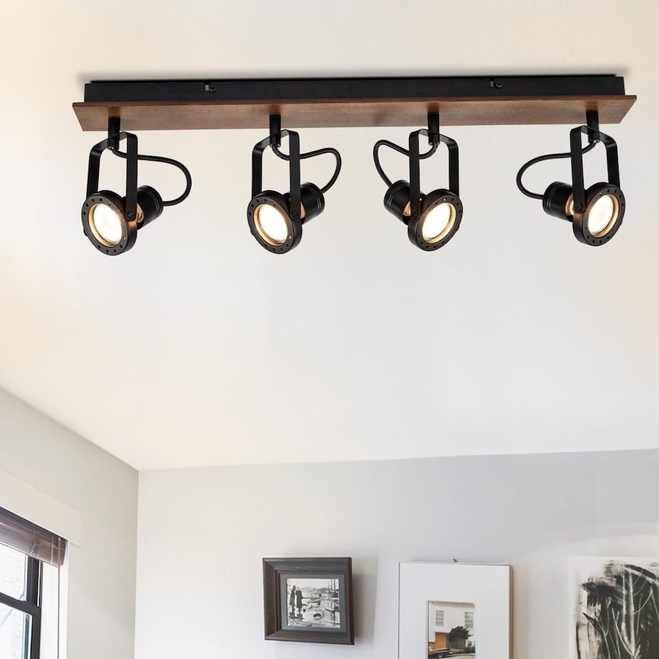 image 1 of COSYLYTE Riverton 4 Light Matt Black Spotlight with Walnut Wooden Backplate | Black | Walnut wood | 1